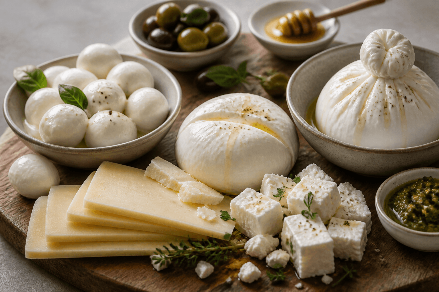 Selection of artisan cheeses on a wooden board