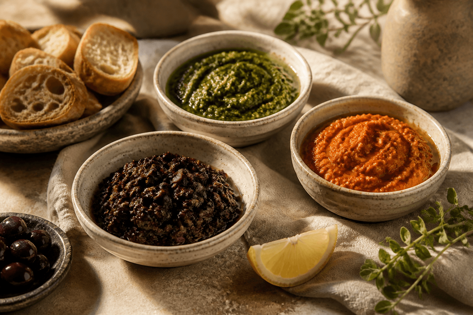 Assortment of premium dips including olive tapenade and basil pesto in ceramic bowls