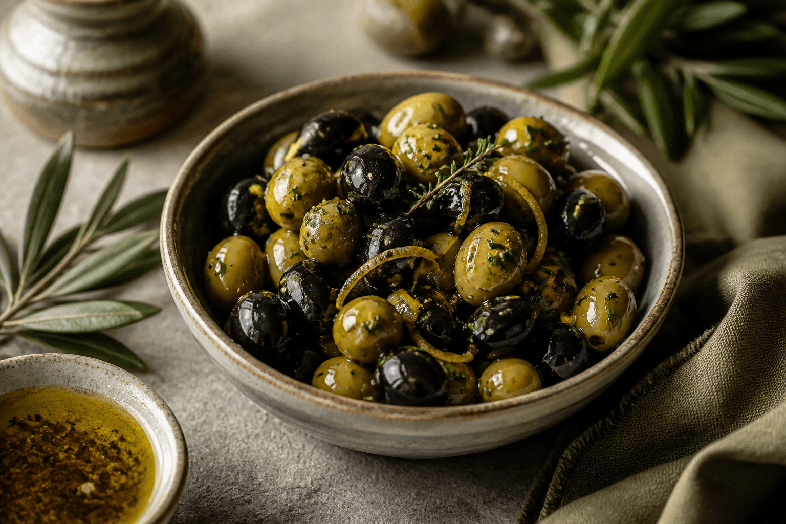 Bowl of premium marinated olives on a linen surface