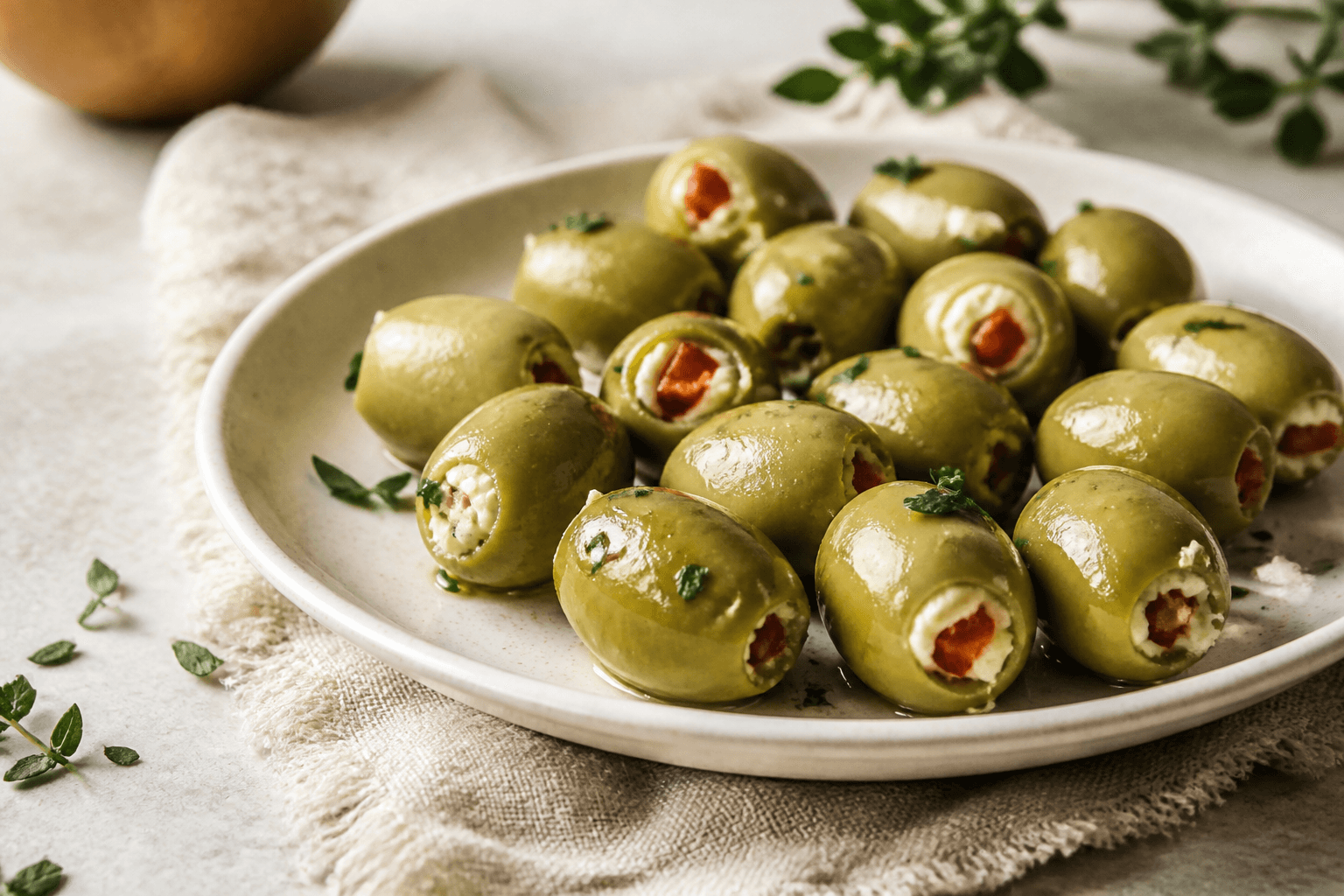 Platter of stuffed olives with herbs