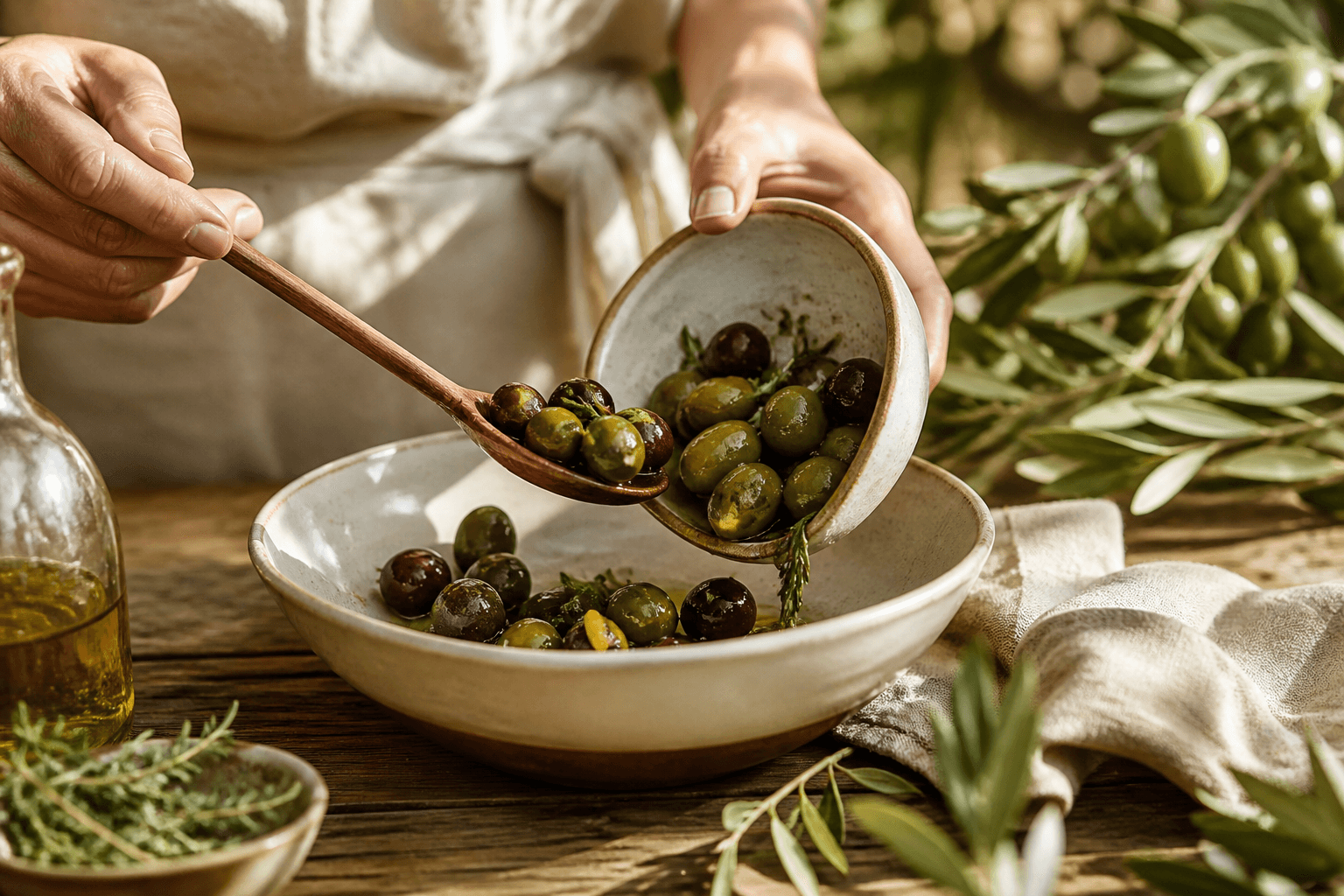 Hands preparing fresh marinated olives at a farmers market table
