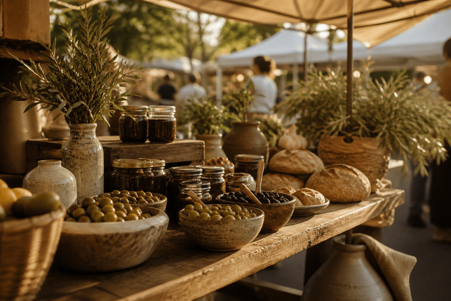 A warm Brisbane farmers market stall in early morning golden light, with bowls of olives and artisan produce on a timber table