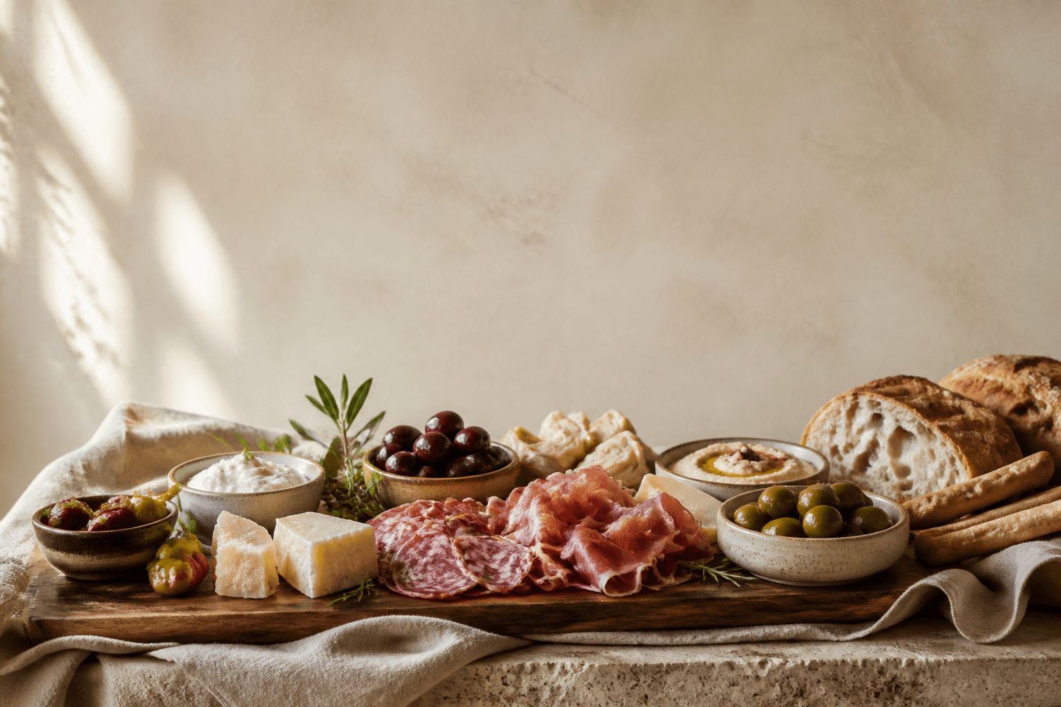 Premium Mediterranean food spread — marinated olives, artisan cheese, Italian smallgoods and fresh bread