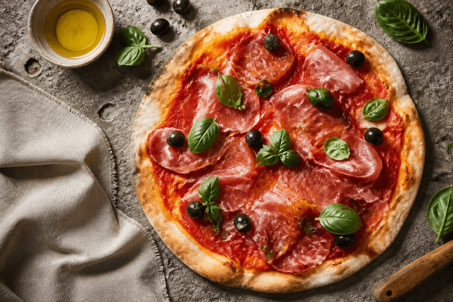 Rustic pizza with olive oil, vegetables, and Mediterranean toppings