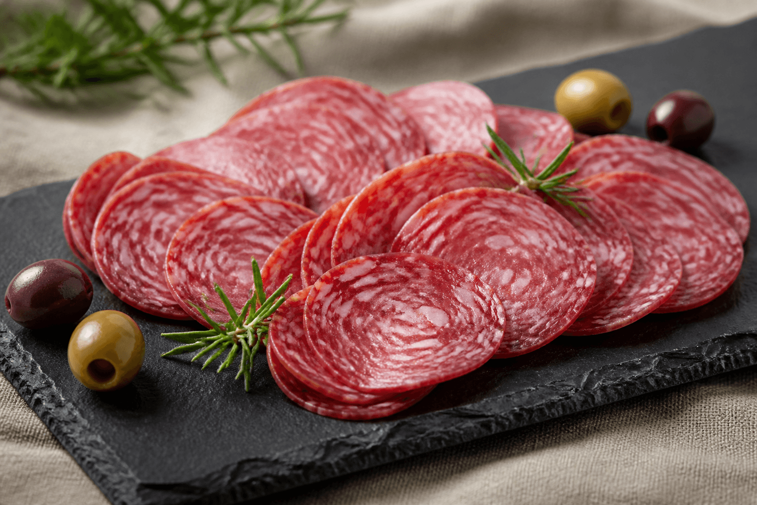 Whole artisan salami sticks with one partially sliced end on a rustic board